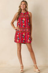 Living for the Moment Red Multi Linen Blend Floral Mini Dress
