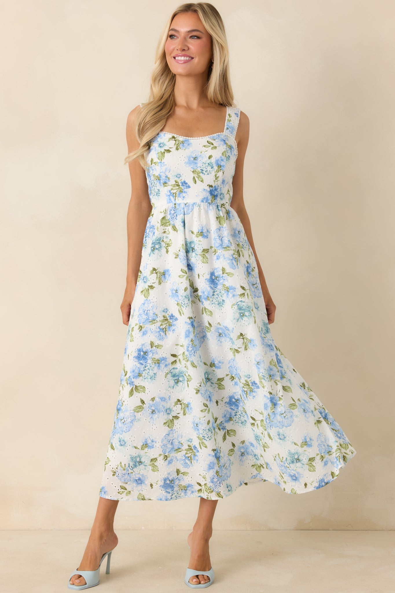 Timelessly True Blue & White Floral Eyelet Cotton Midi Dress