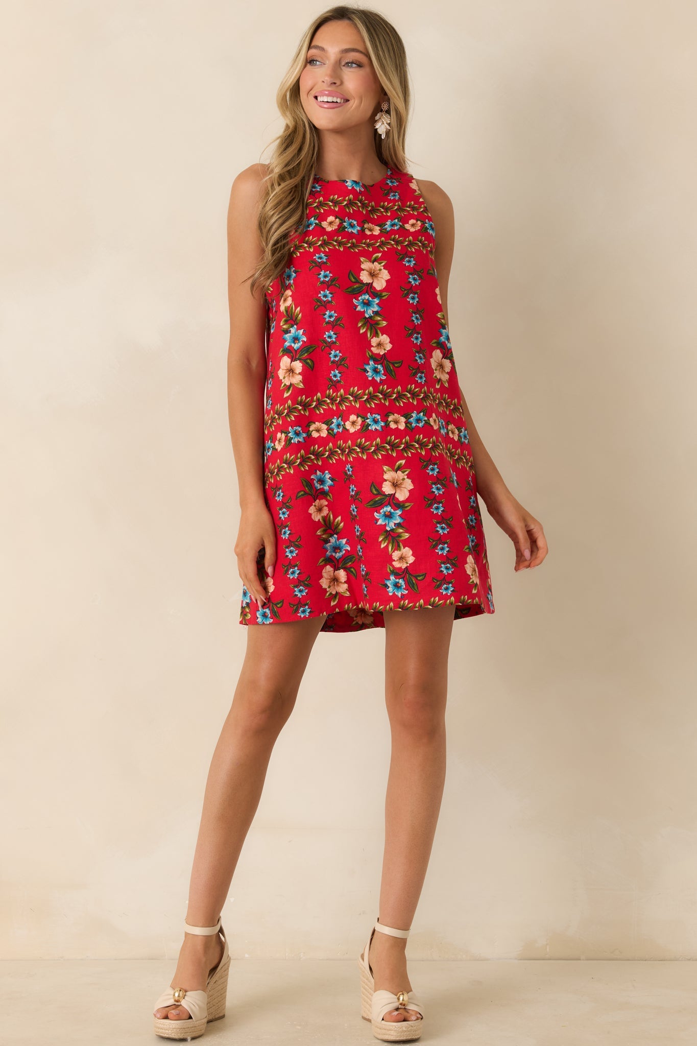 Living for the Moment Red Multi Linen Blend Floral Mini Dress