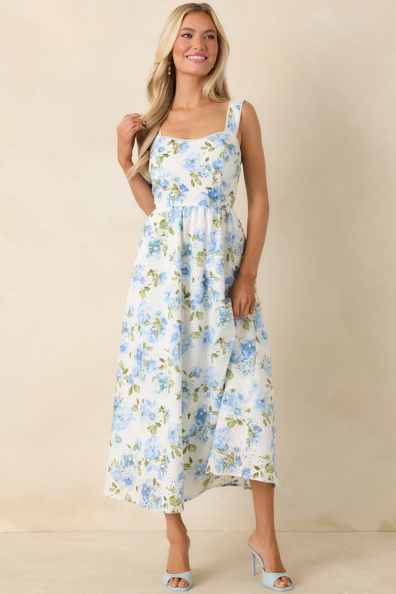 Timelessly True Blue & White Floral Eyelet Cotton Midi Dress
