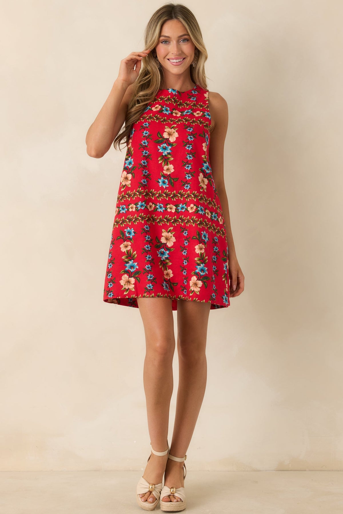 Living for the Moment Red Multi Linen Blend Floral Mini Dress