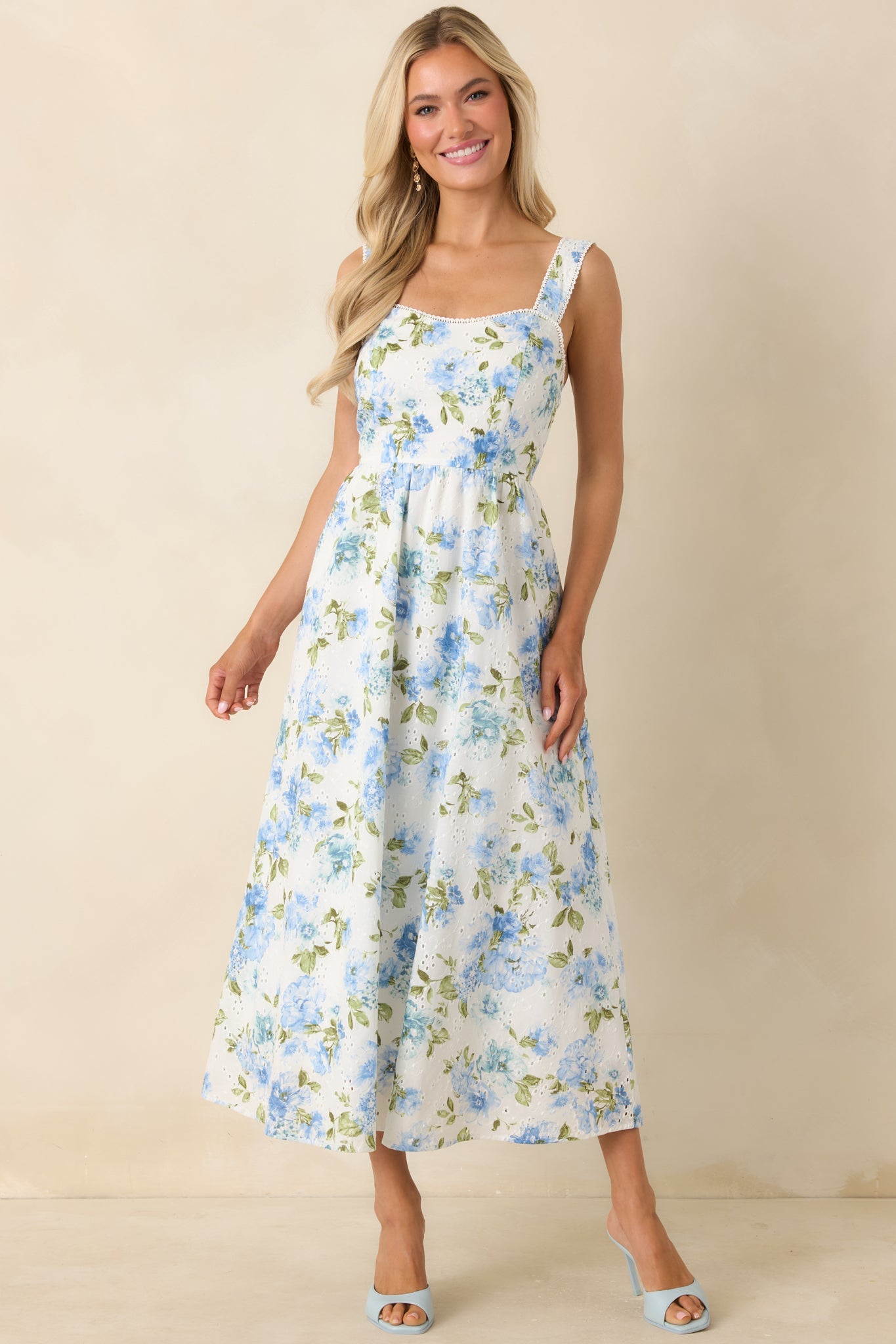 Timelessly True Blue & White Floral Eyelet Cotton Midi Dress