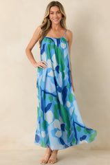 FRNCH Andaman Blue Multi Floral Cotton Silk Sleeveless Maxi Dress