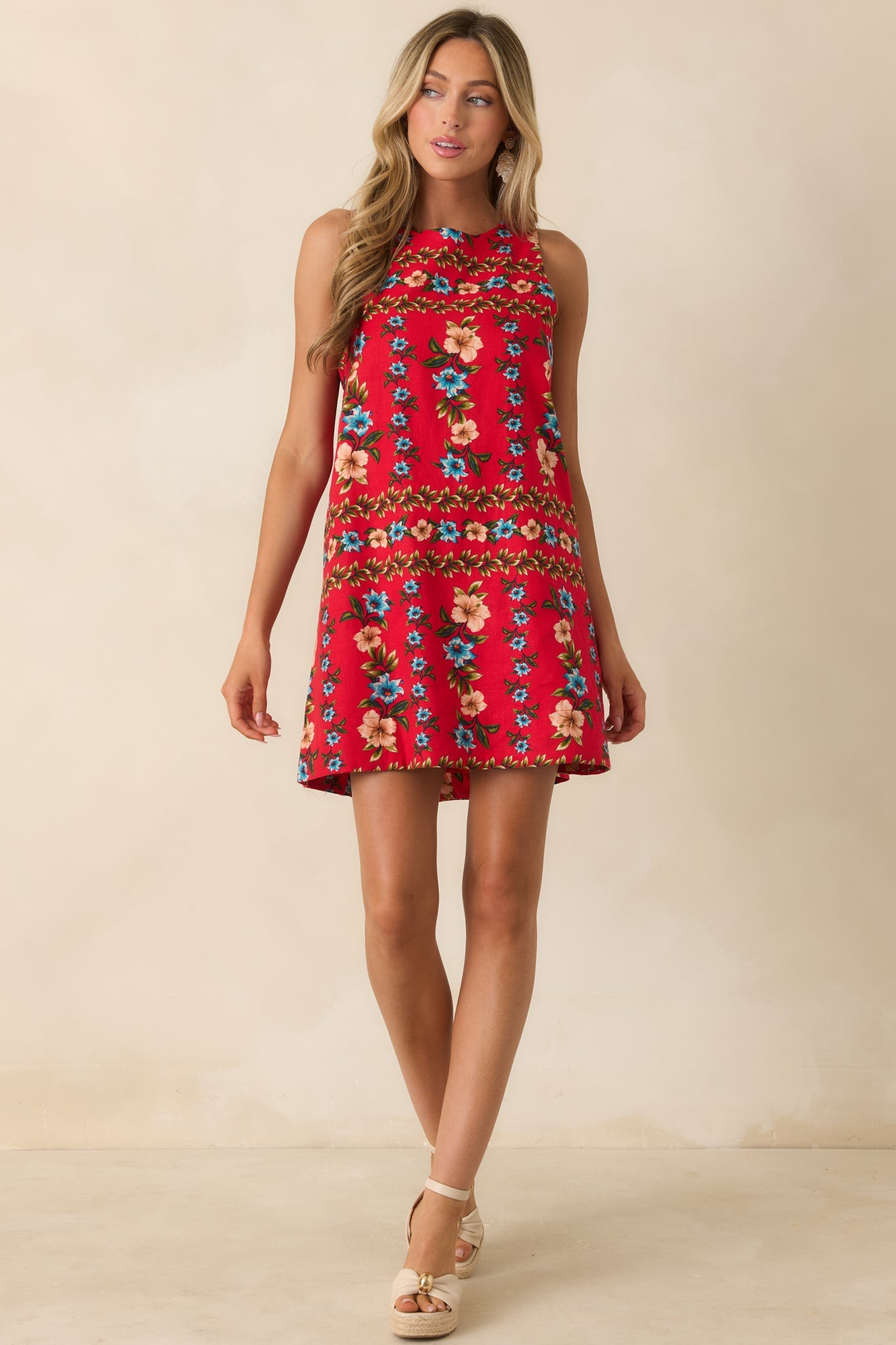 Living for the Moment Red Multi Linen Blend Floral Mini Dress