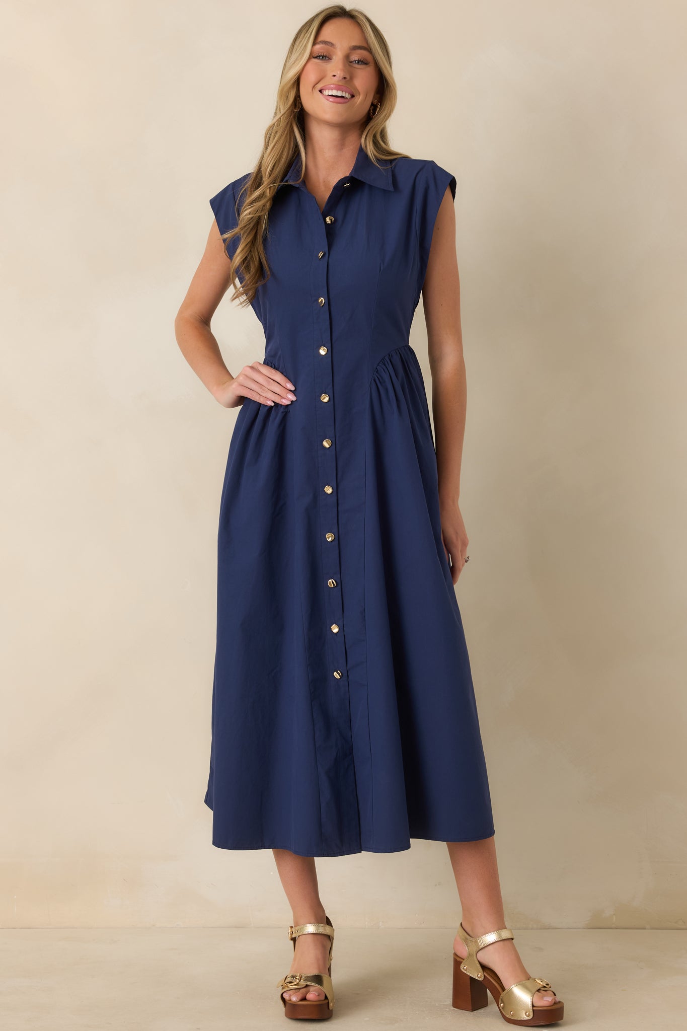 The Good Life Navy Cotton Button Front Midi Dress