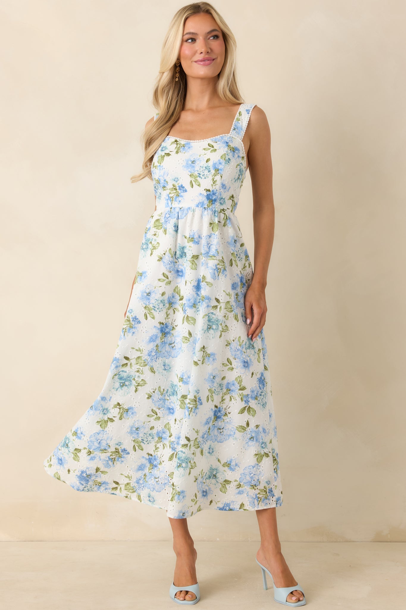 Timelessly True Blue & White Floral Eyelet Cotton Midi Dress