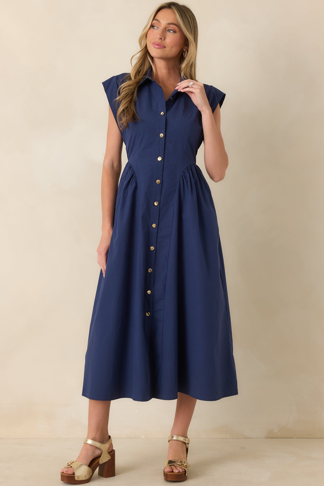 The Good Life Navy Cotton Button Front Midi Dress