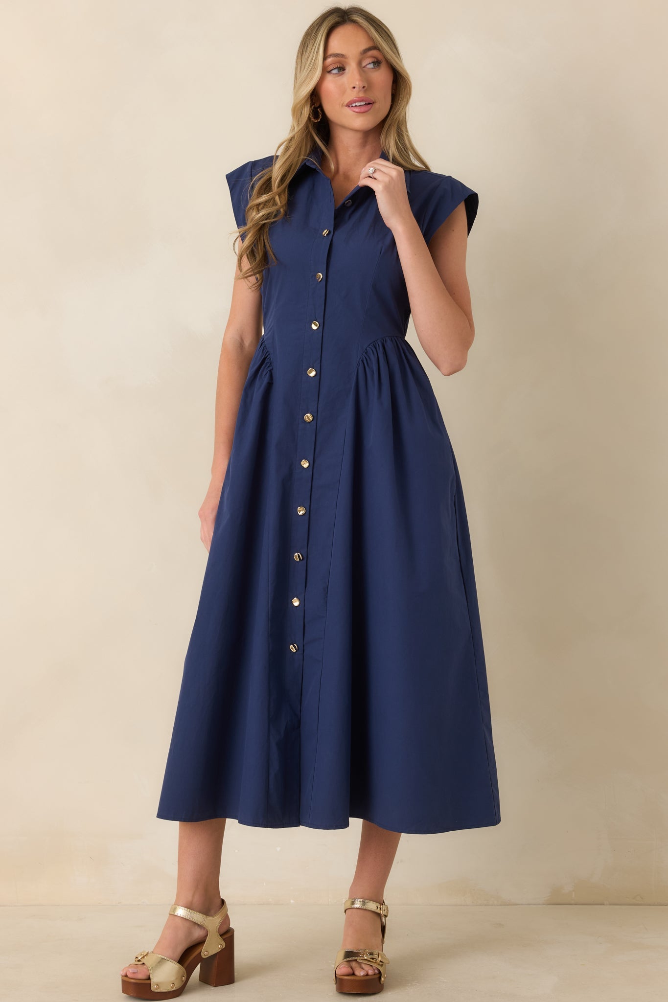 The Good Life Navy Cotton Button Front Midi Dress