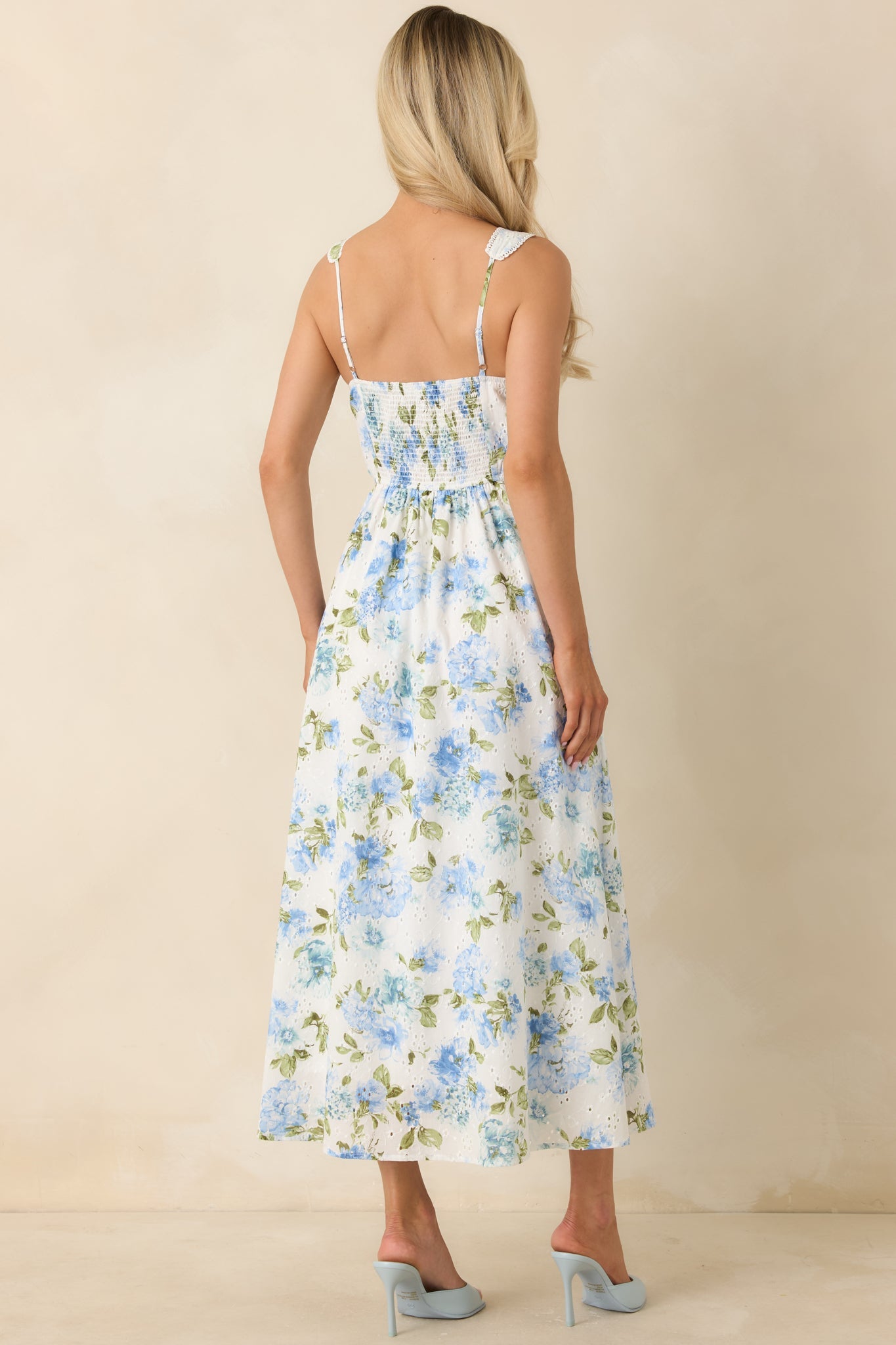 Timelessly True Blue & White Floral Eyelet Cotton Midi Dress