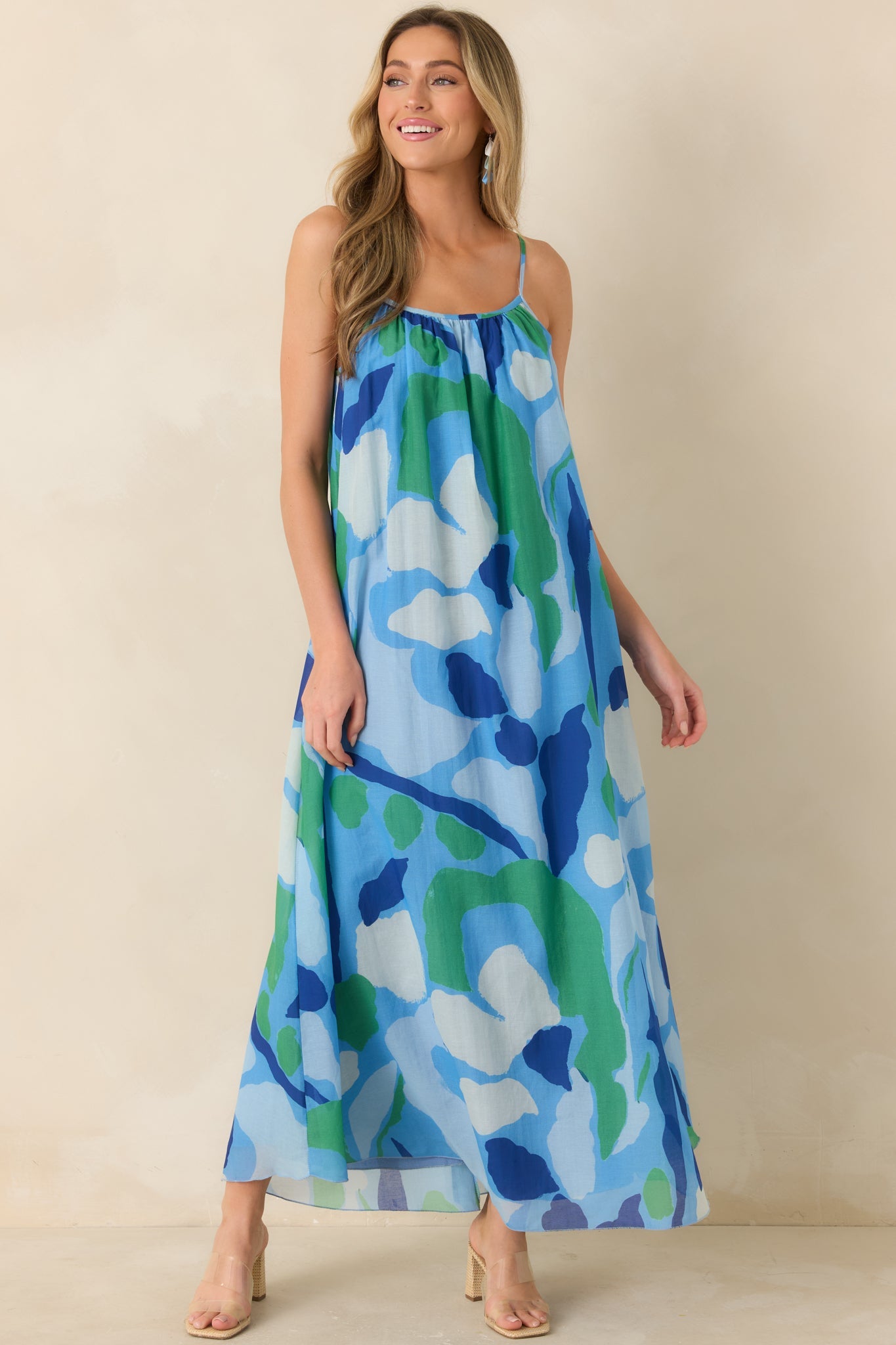 FRNCH Andaman Blue Multi Floral Cotton Silk Sleeveless Maxi Dress