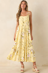 A Dash of Sunshine Yellow Multi Floral Print Bow Accent Strap Midi Dress