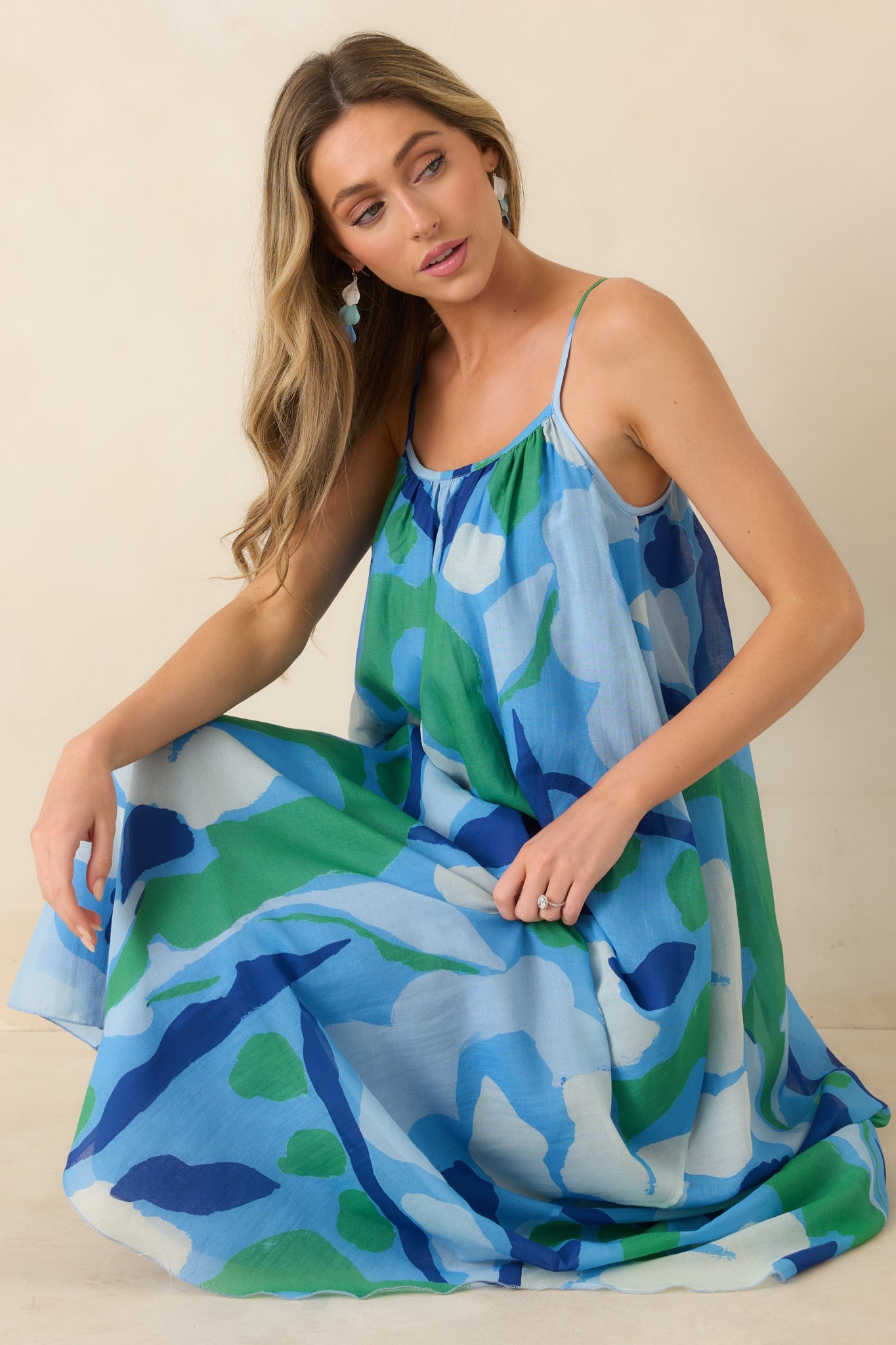 FRNCH Andaman Blue Multi Floral Cotton Silk Sleeveless Maxi Dress