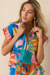 Paradisa Cape Coral Multi Tropical Mosaic Cotton Button-Front Shirt