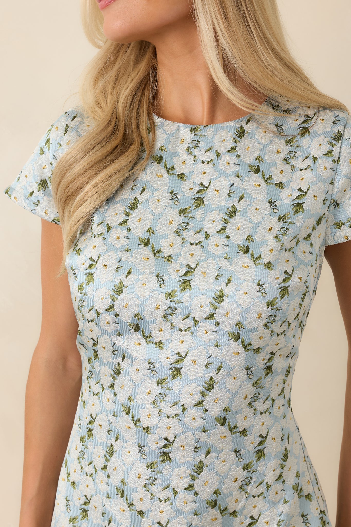 Petals on the Promenade Light Blue & White Floral Jacquard Mini Dress
