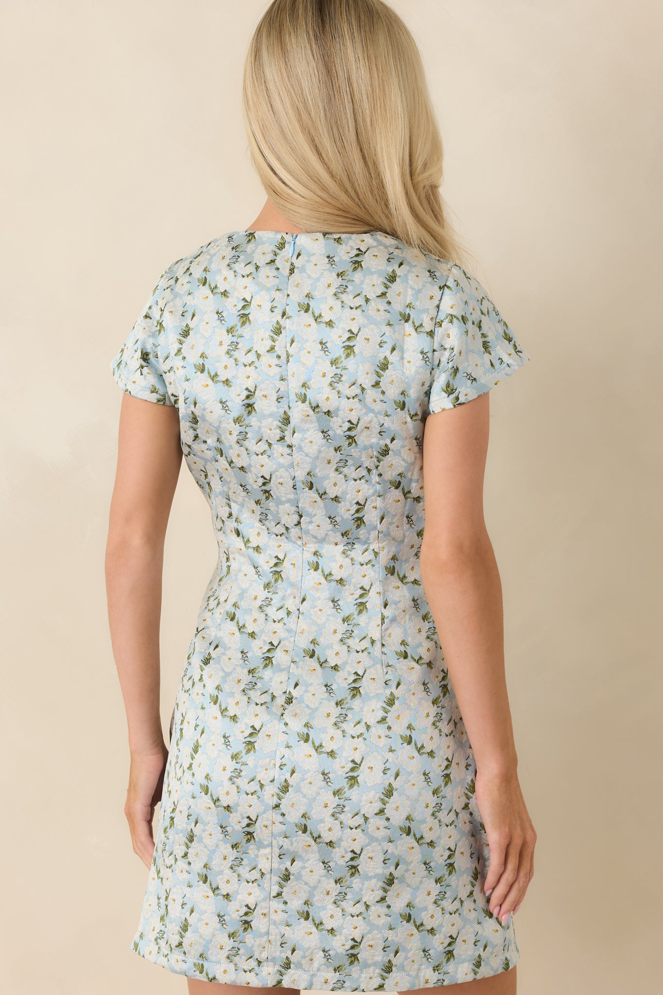 Petals on the Promenade Light Blue & White Floral Jacquard Mini Dress