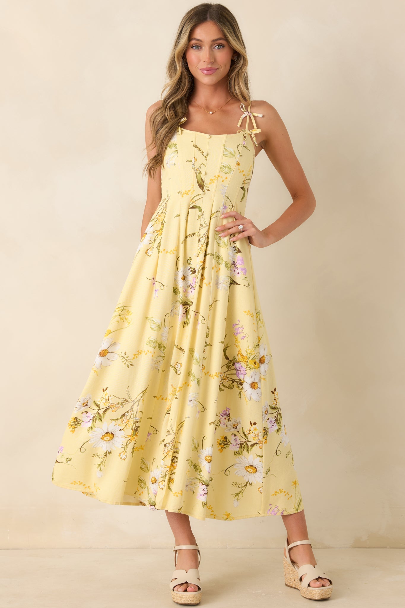 A Dash of Sunshine Yellow Multi Floral Print Bow Accent Strap Midi Dress