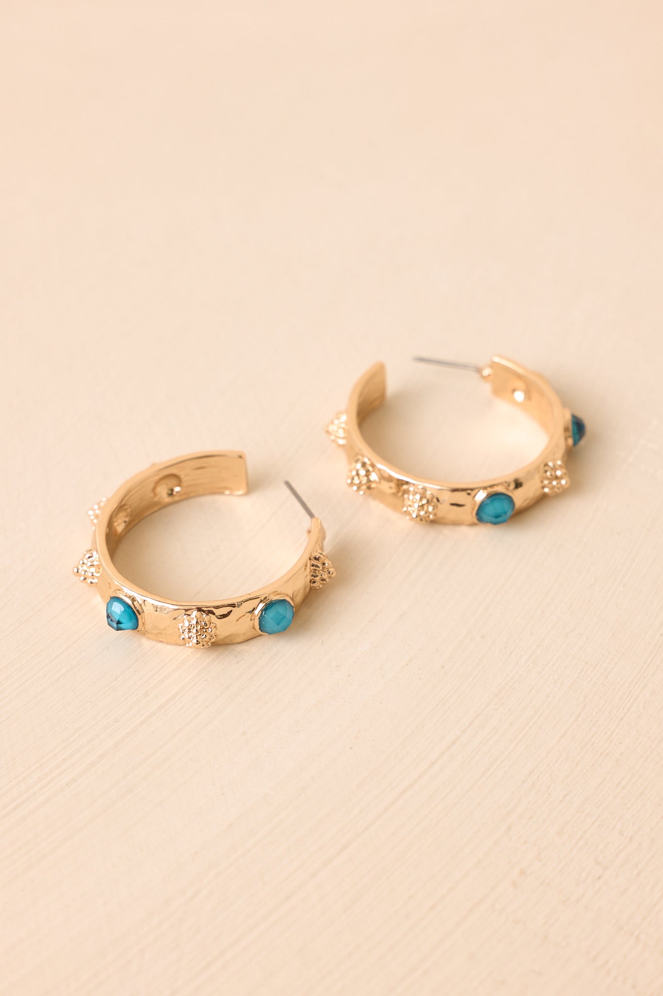 Kind Of A Moment Gold & Teal Textured Hoop Earrings