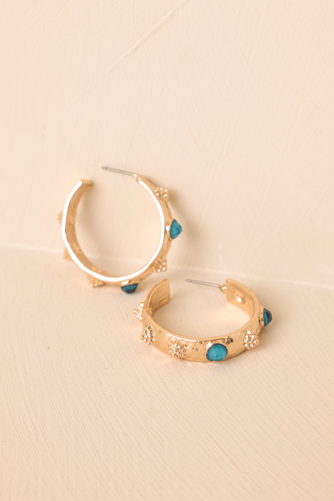 Kind Of A Moment Gold & Teal Textured Hoop Earrings