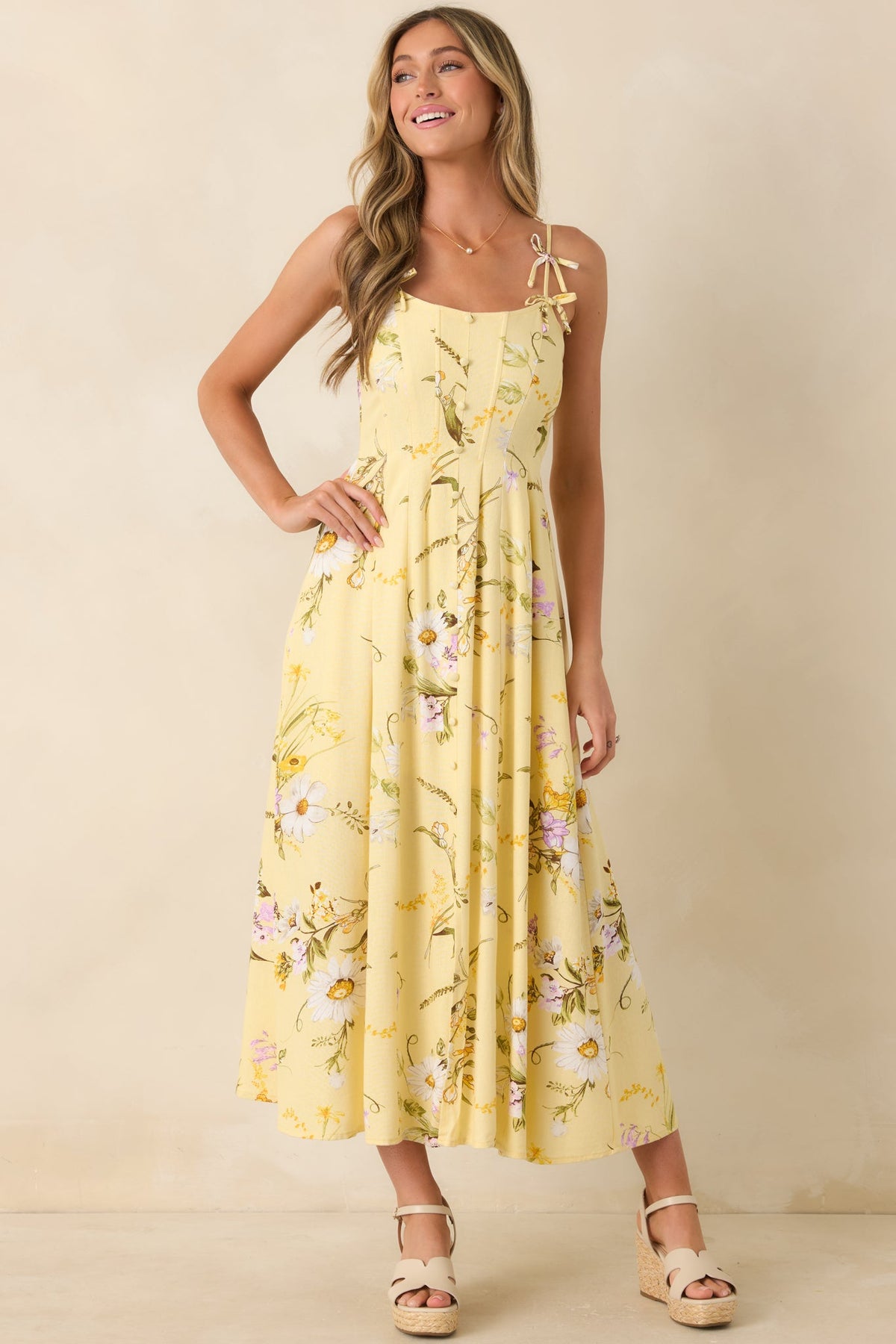 A Dash of Sunshine Yellow Multi Floral Print Bow Accent Strap Midi Dress