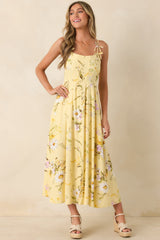 A Dash of Sunshine Yellow Multi Floral Print Bow Accent Strap Midi Dress