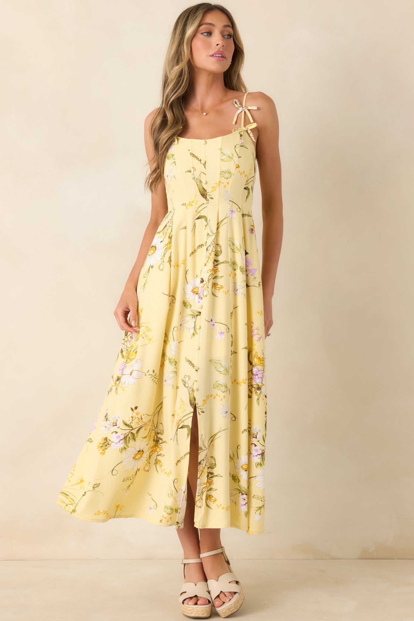 A Dash of Sunshine Yellow Multi Floral Print Bow Accent Strap Midi Dress