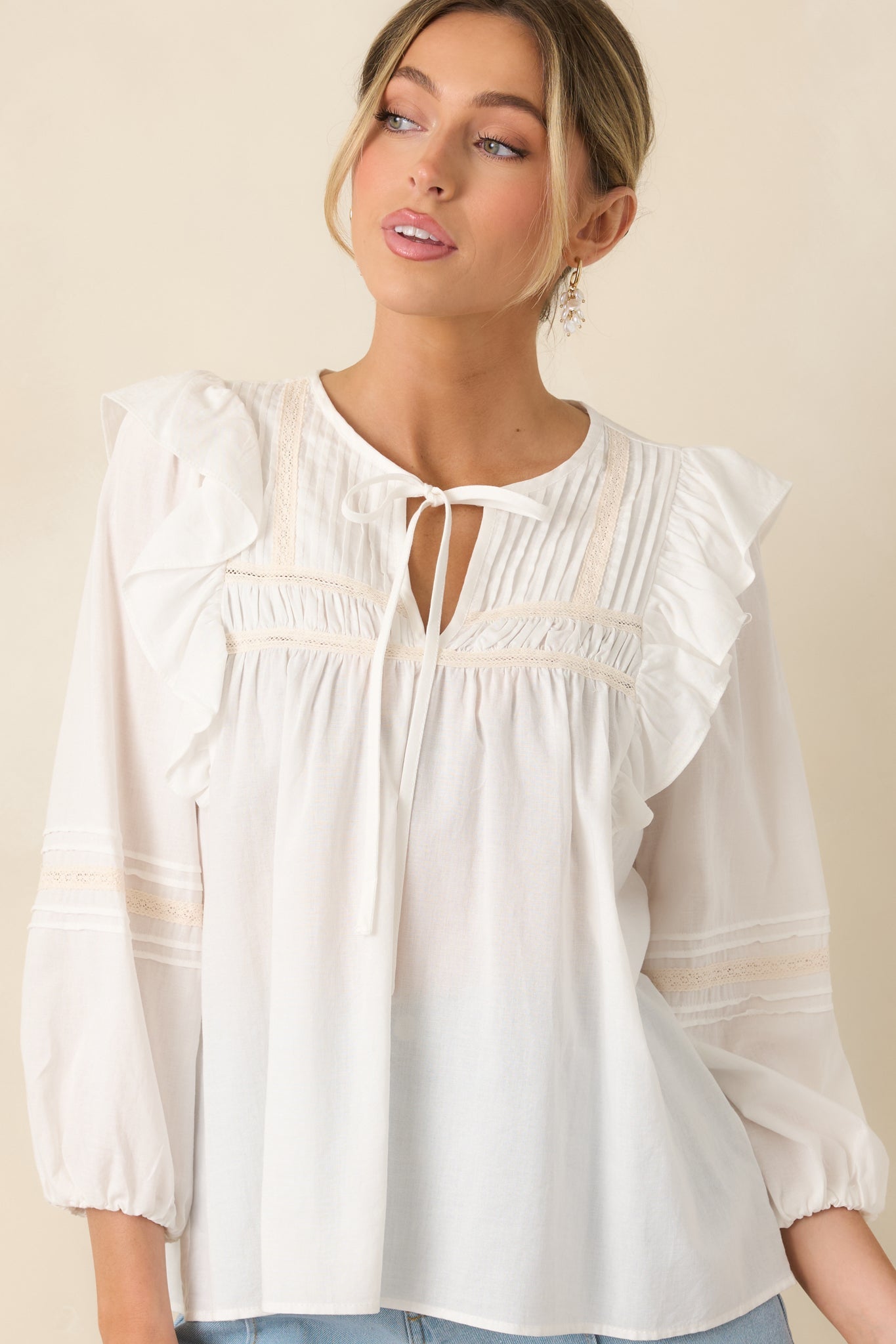 Where We Begin White Ruffle & Lace Trim Blouse