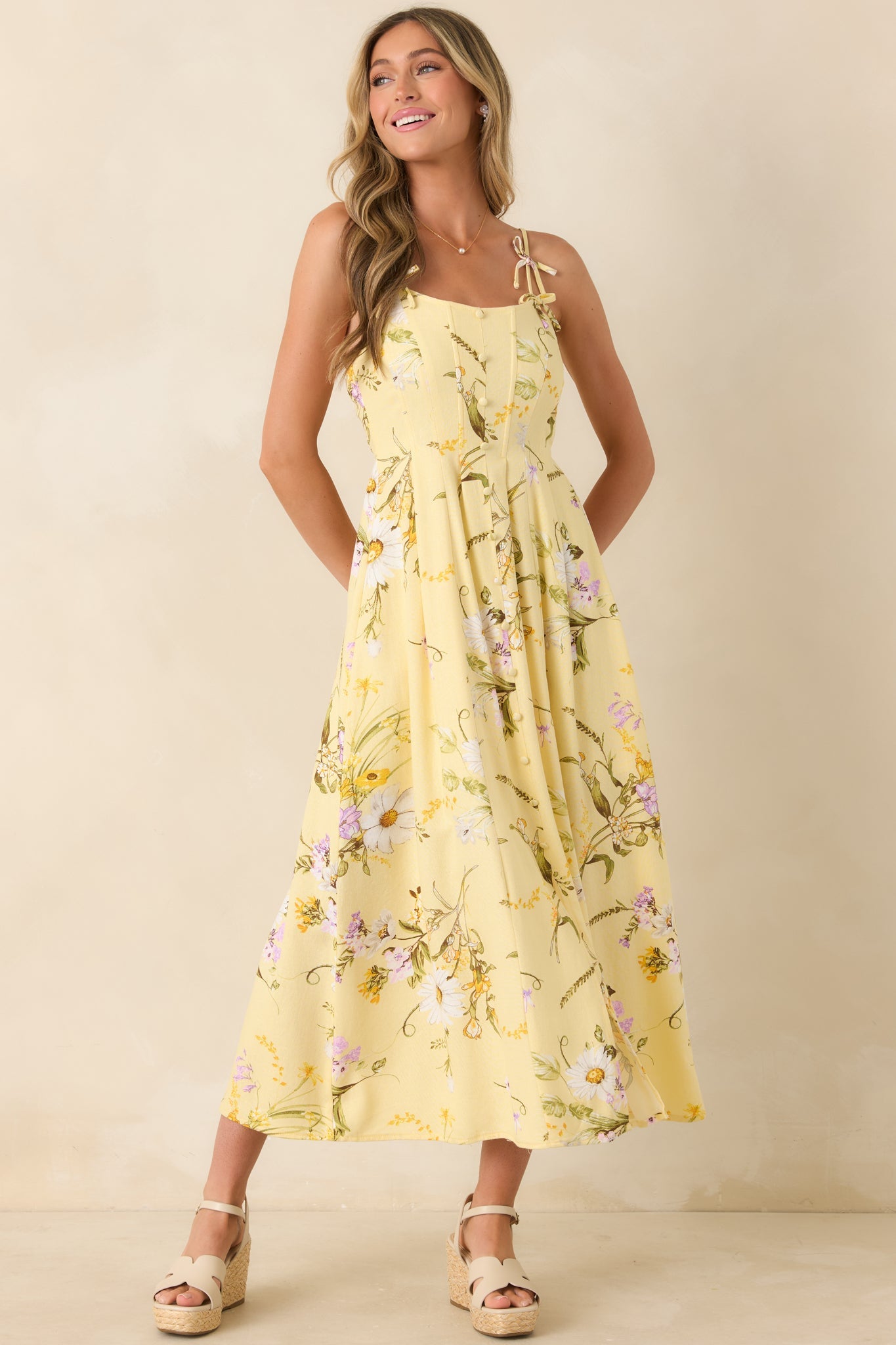 A Dash of Sunshine Yellow Multi Floral Print Bow Accent Strap Midi Dress