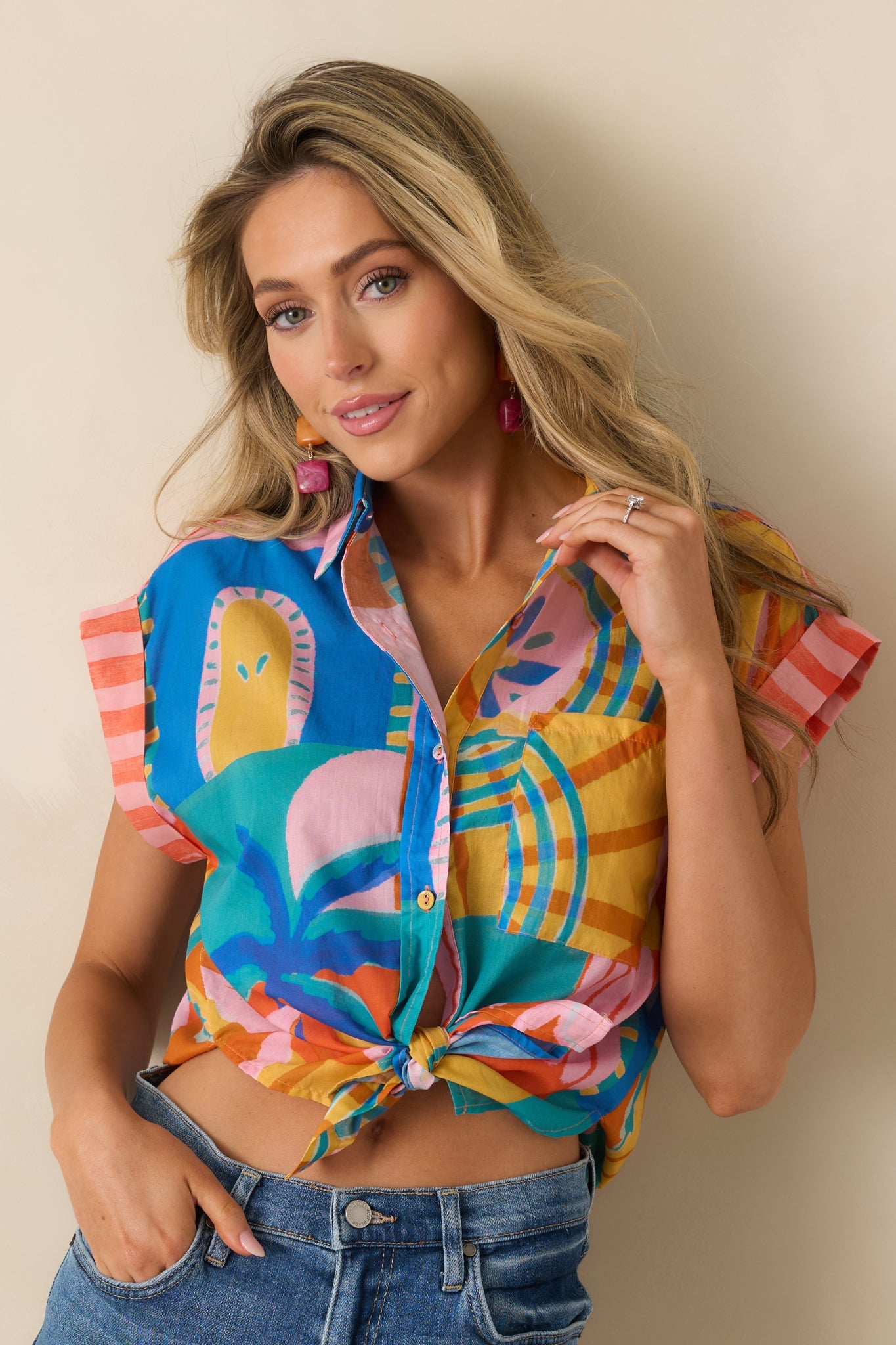Paradisa Cape Coral Multi Tropical Mosaic Cotton Button-Front Shirt