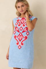Art of Adventure Blue Heather Appliqué Mini Shift Dress