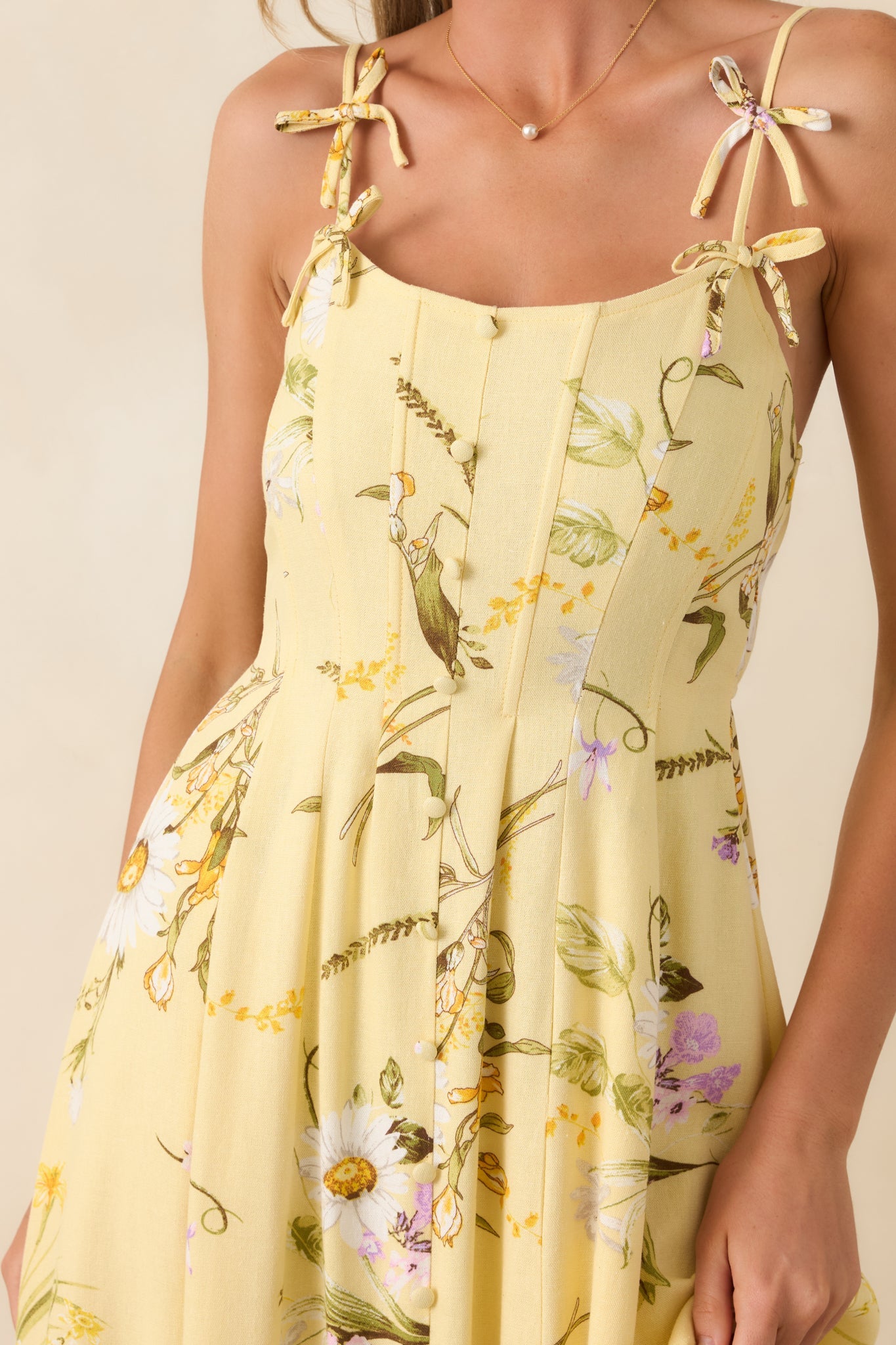 A Dash of Sunshine Yellow Multi Floral Print Bow Accent Strap Midi Dress