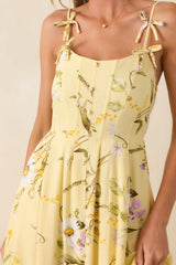 A Dash of Sunshine Yellow Multi Floral Print Bow Accent Strap Midi Dress