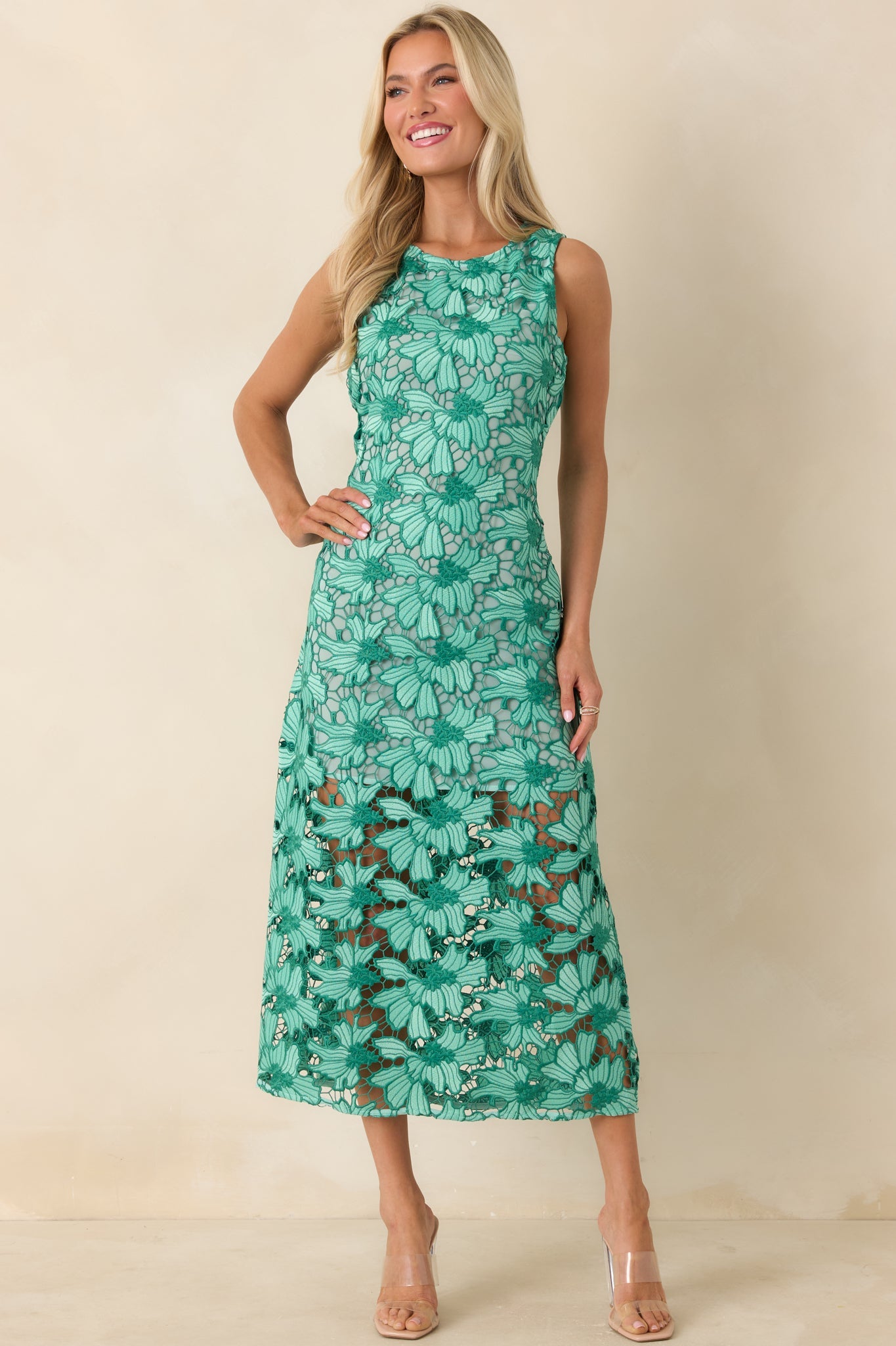 Unmistakably You Green Floral Lace Midi Dress