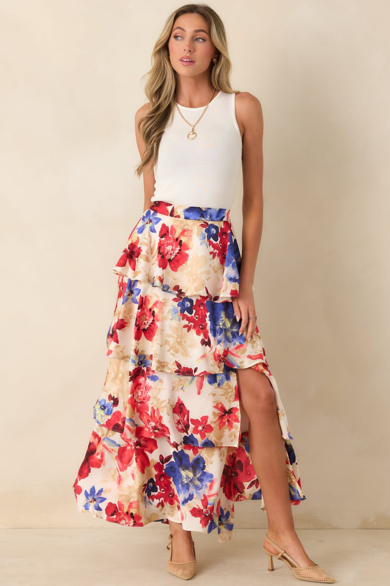 Flourish and Flow Ivory & Red Multi Floral Print Tiered Maxi Skirt