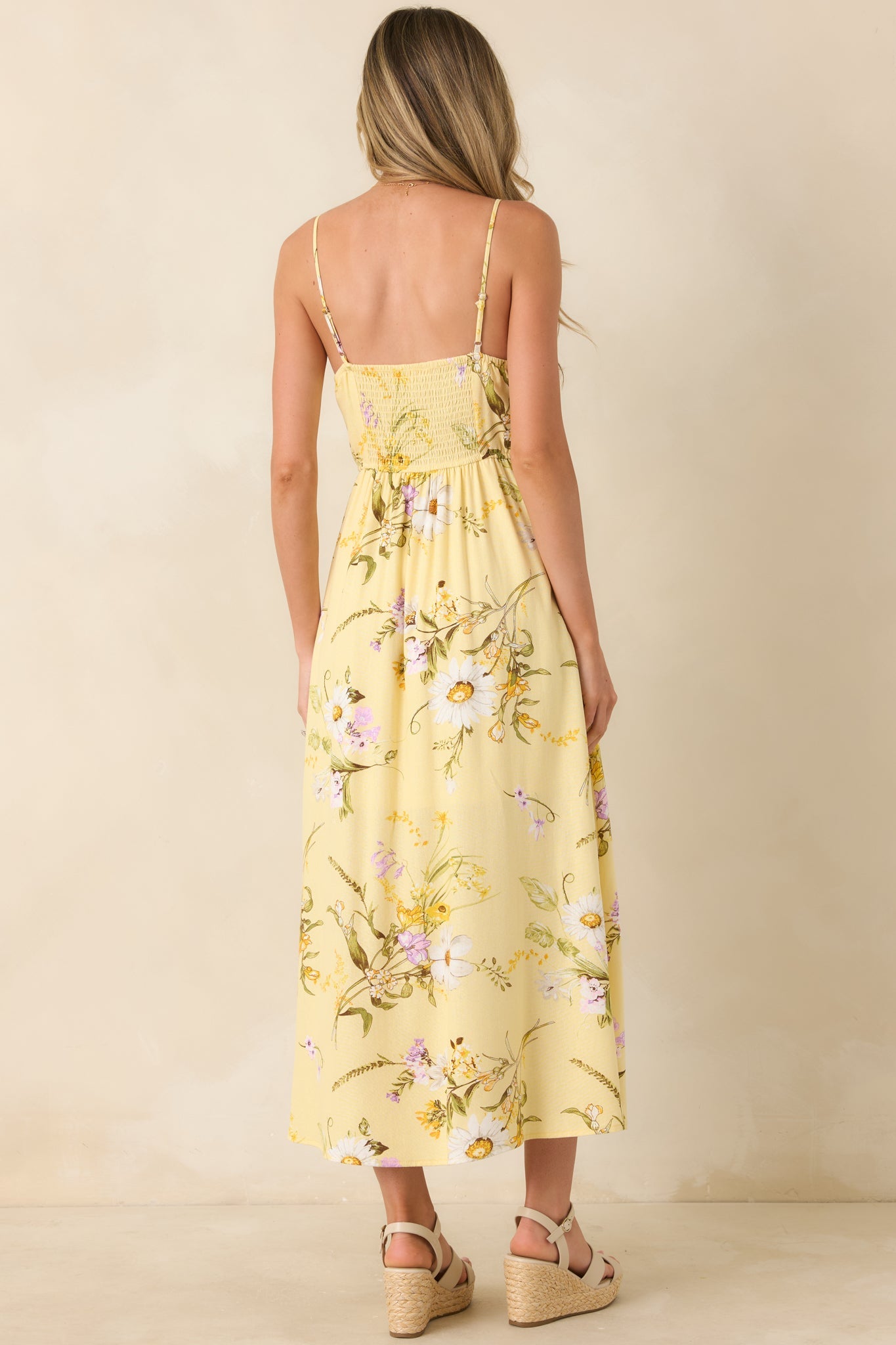 A Dash of Sunshine Yellow Multi Floral Print Bow Accent Strap Midi Dress