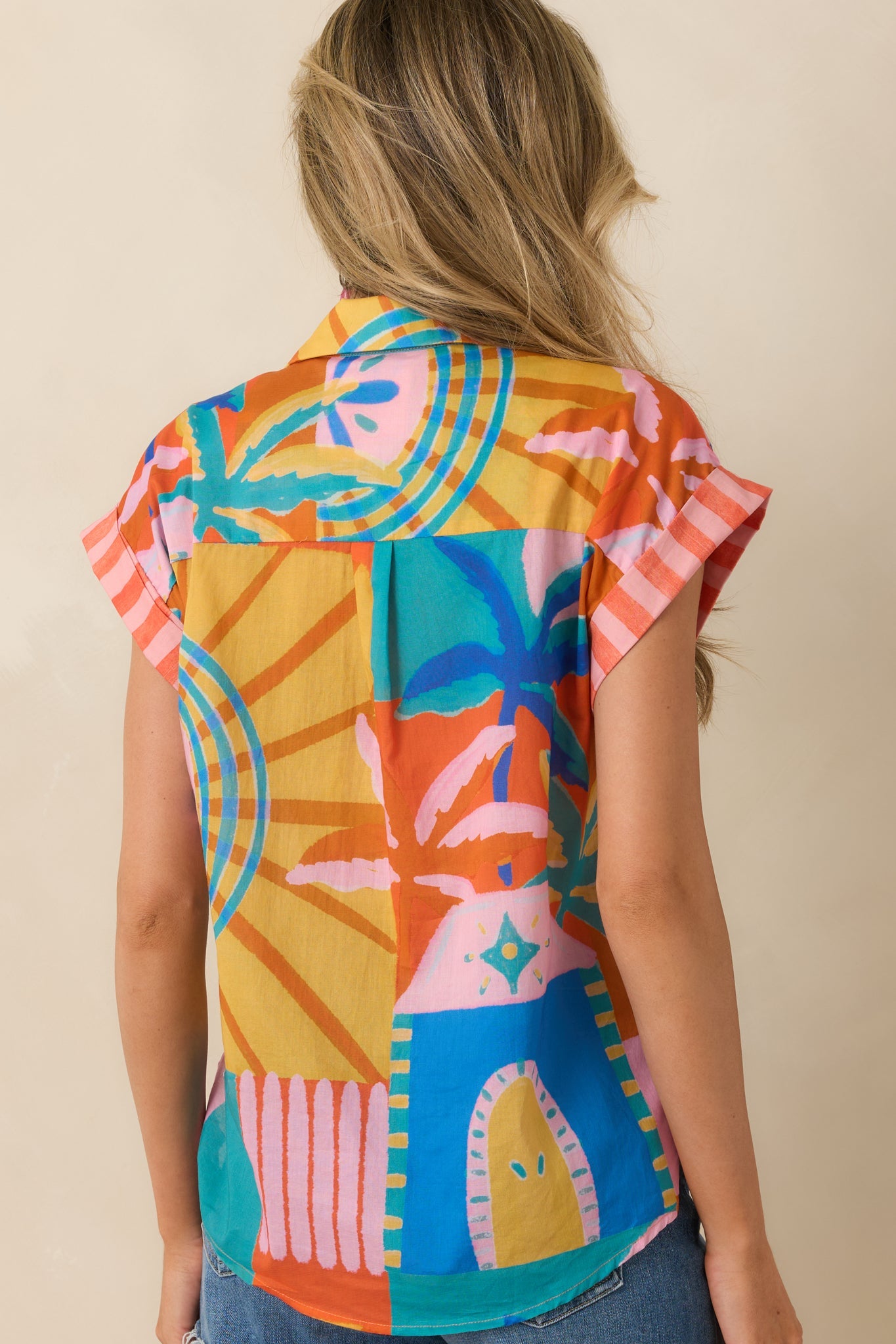 Paradisa Cape Coral Multi Tropical Mosaic Cotton Button-Front Shirt
