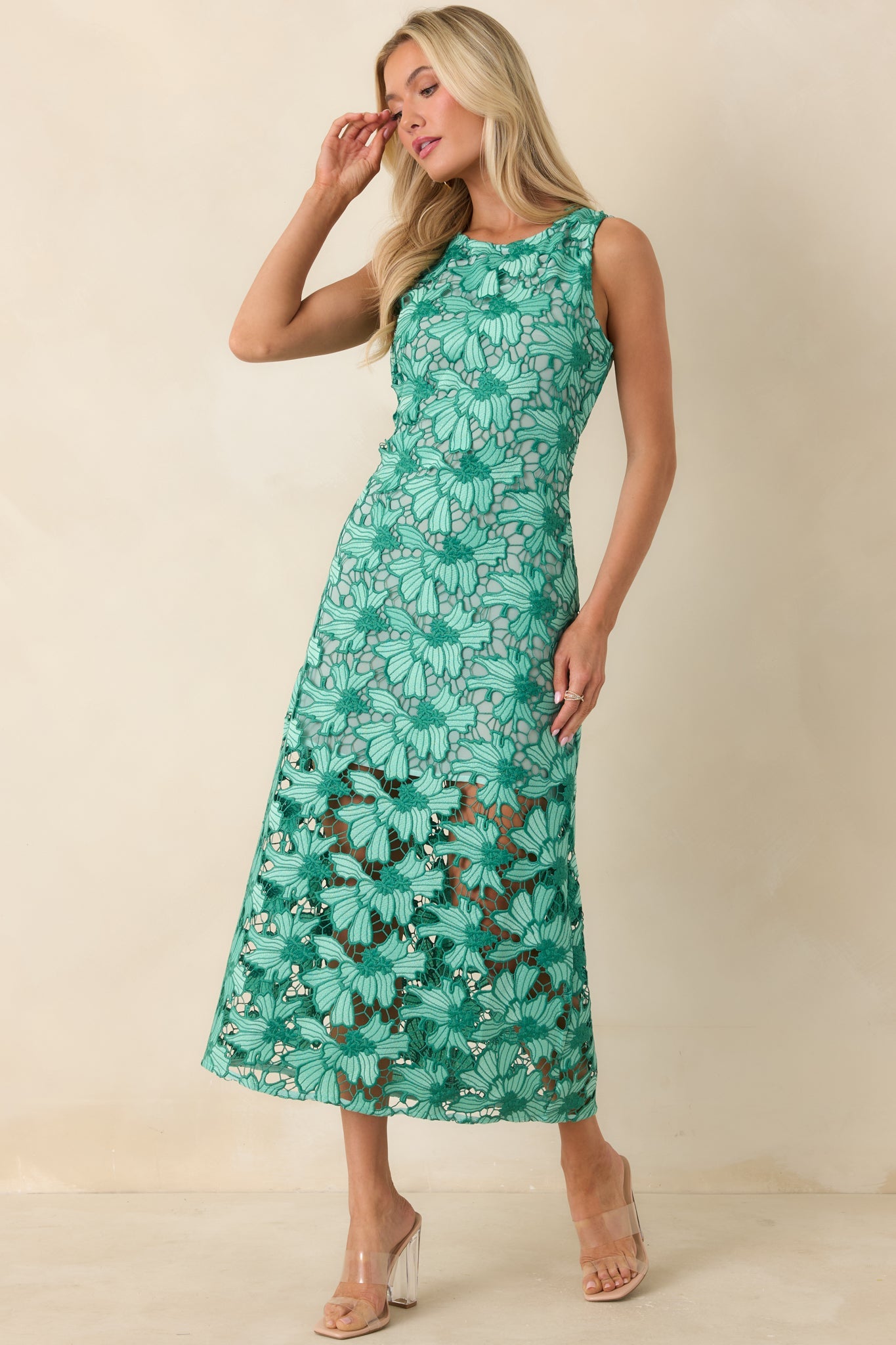 Unmistakably You Green Floral Lace Midi Dress