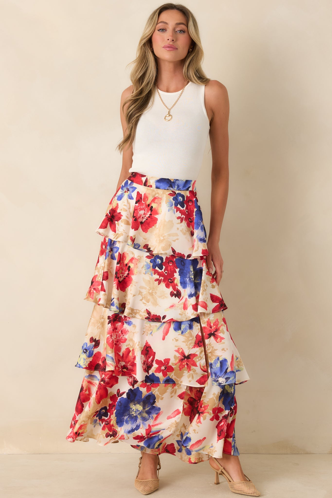 Flourish and Flow Ivory & Red Multi Floral Print Tiered Maxi Skirt