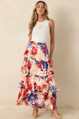 Flourish and Flow Ivory & Red Multi Floral Print Tiered Maxi Skirt