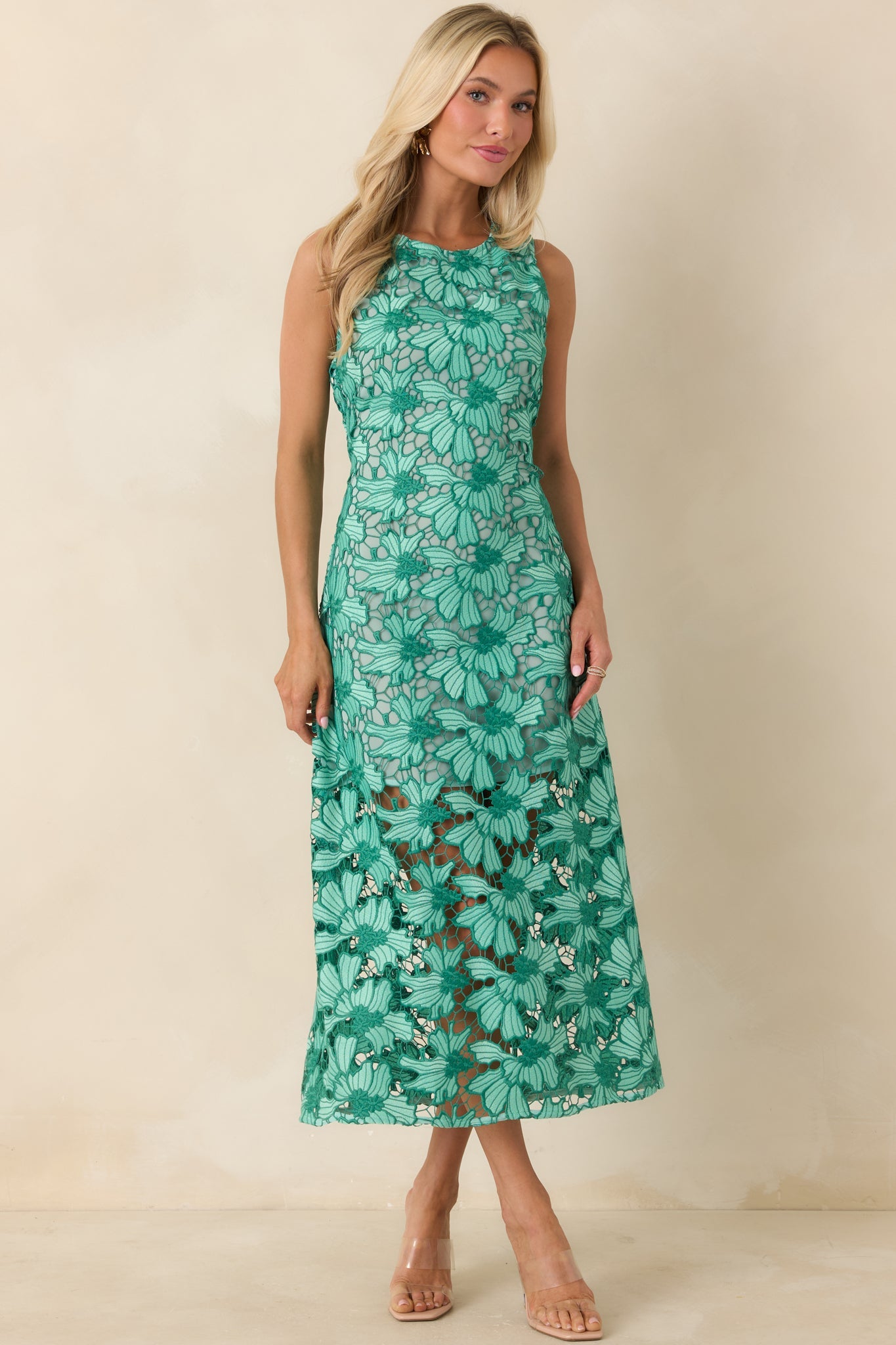 Unmistakably You Green Floral Lace Midi Dress