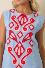 Art of Adventure Blue Heather Appliqué Mini Shift Dress