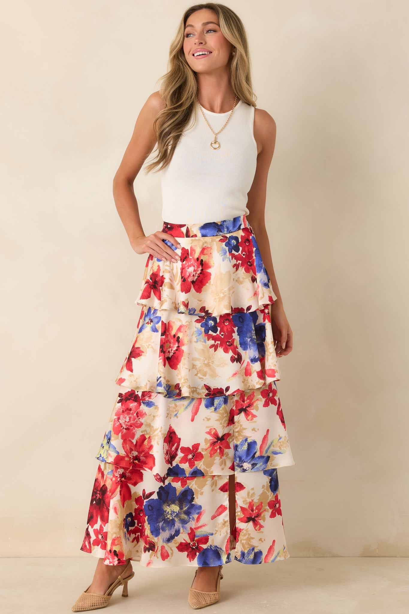 Flourish and Flow Ivory & Red Multi Floral Print Tiered Maxi Skirt