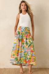 Paradisa Lucia Multi Coastal Village Print Cotton Maxi Skirt