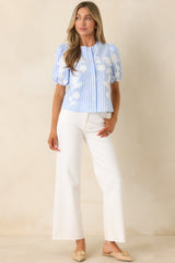 Just Enough Charm Blue Stripe Floral Embroidered Top