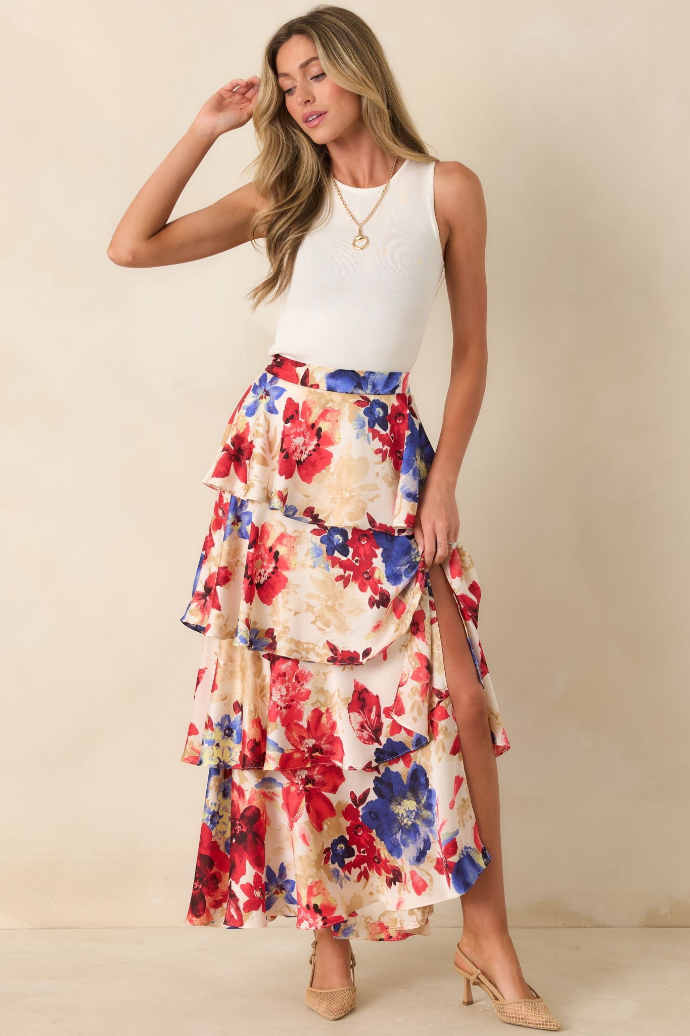 Flourish and Flow Ivory & Red Multi Floral Print Tiered Maxi Skirt