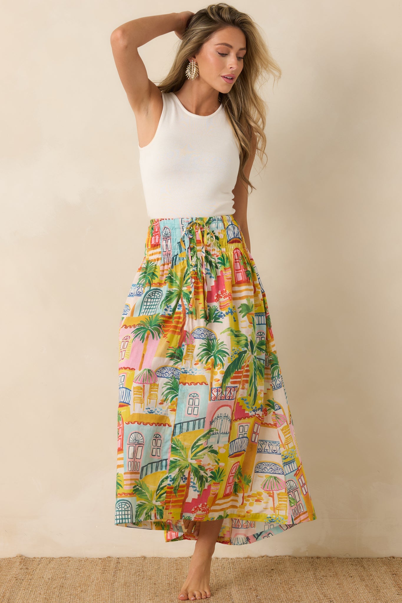 Paradisa Lucia Multi Coastal Village Print Cotton Maxi Skirt