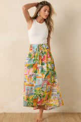 Paradisa Lucia Multi Coastal Village Print Cotton Maxi Skirt