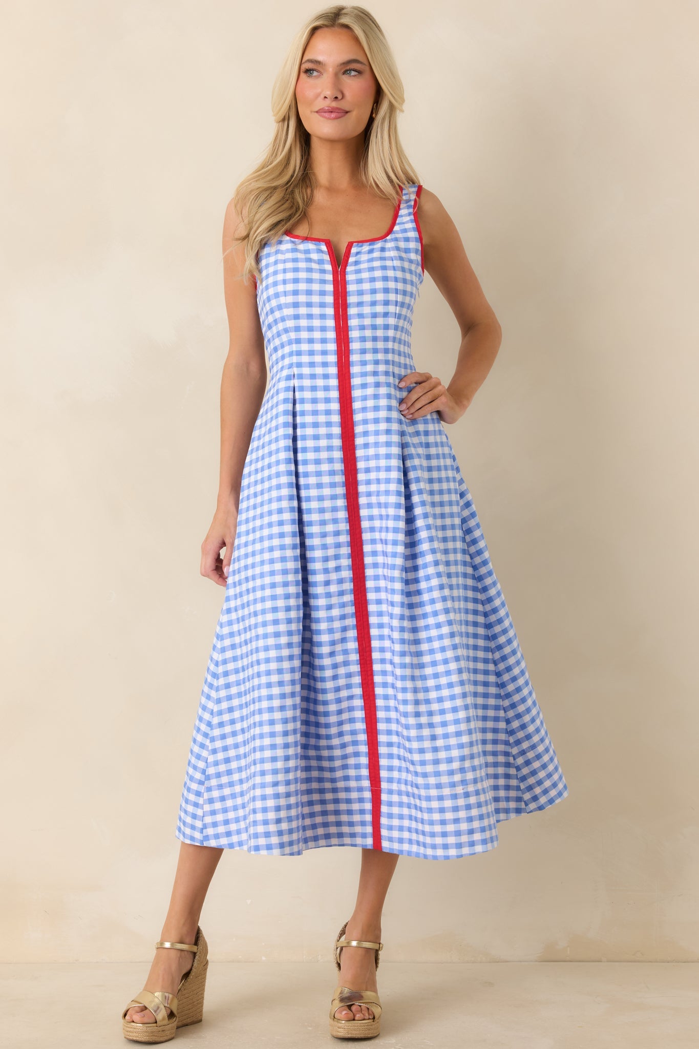 Pack the Film & Sunscreen Blue Gingham Contrast Trim Midi Dress