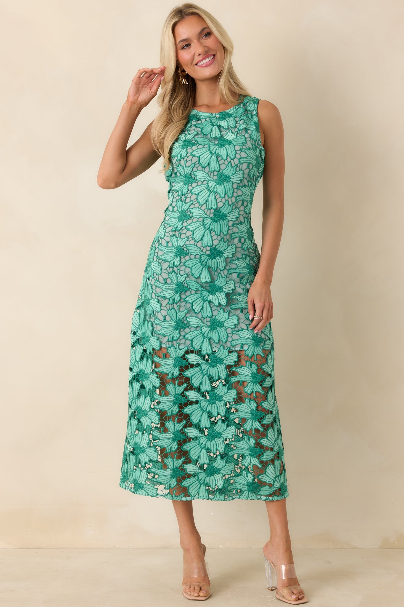 Unmistakably You Green Floral Lace Midi Dress