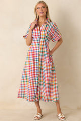 Confetti Forecast Multi Plaid Cotton Button Front Midi Dress