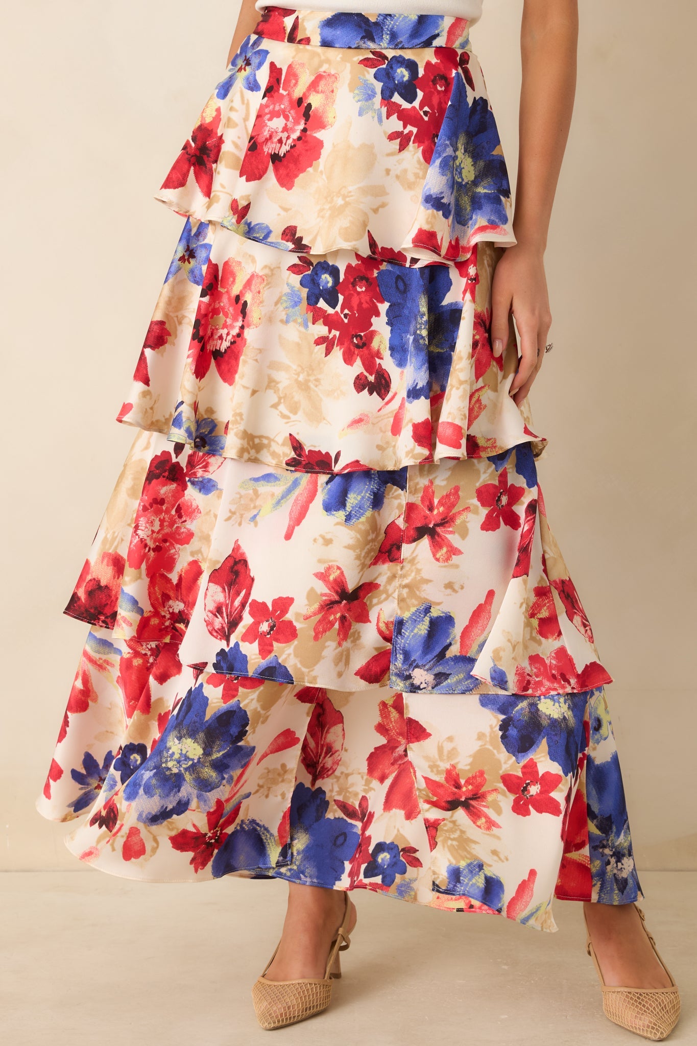 Flourish and Flow Ivory & Red Multi Floral Print Tiered Maxi Skirt